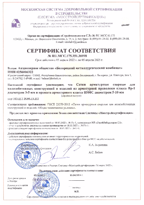 Сертификат соответствия Сетки сварные арматурные  23279-2012